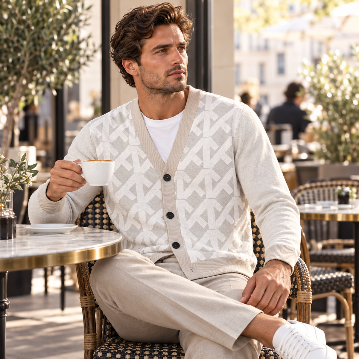 White Cream Geometric Knitted Coat