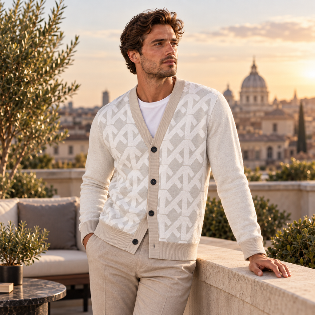 White Cream Geometric Knitted Coat