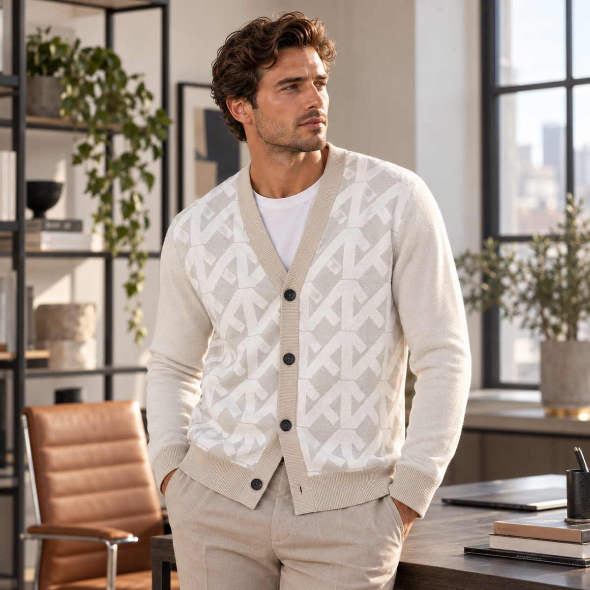 White Cream Geometric Knitted Coat
