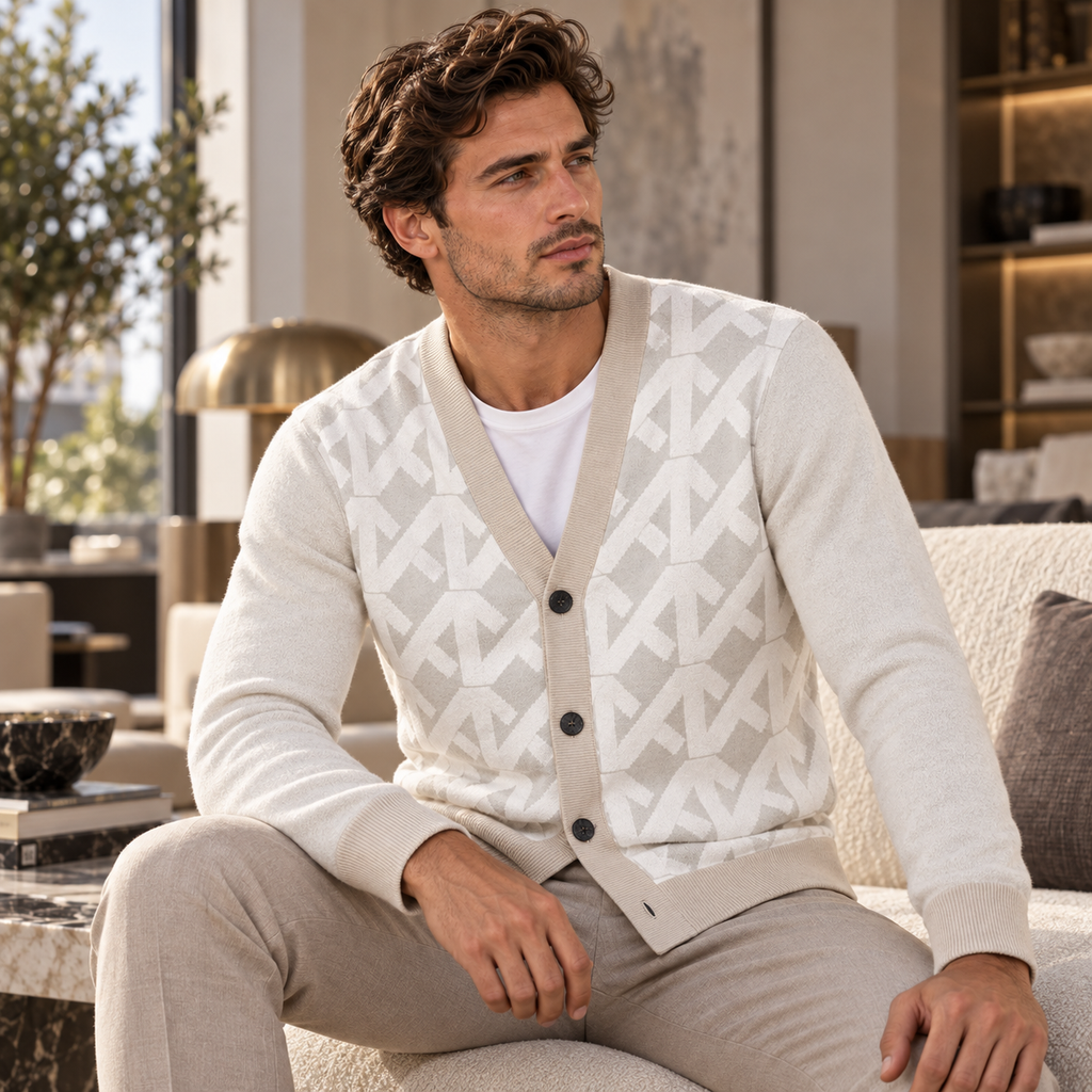 White Cream Geometric Knitted Coat