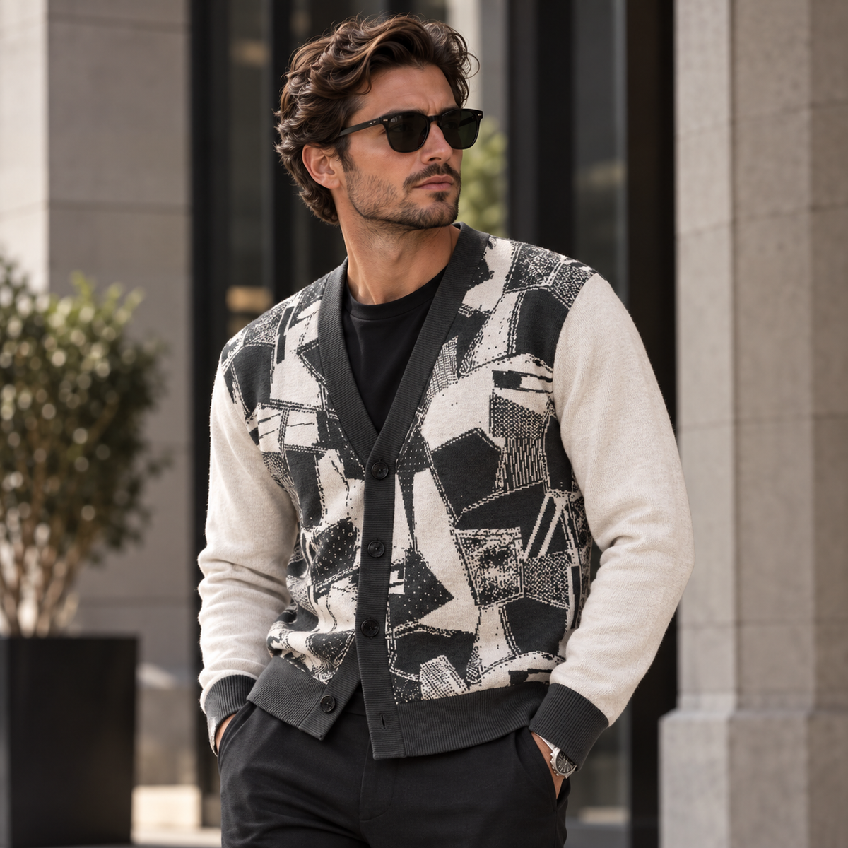 Green Beige Abstract Graphic Coat