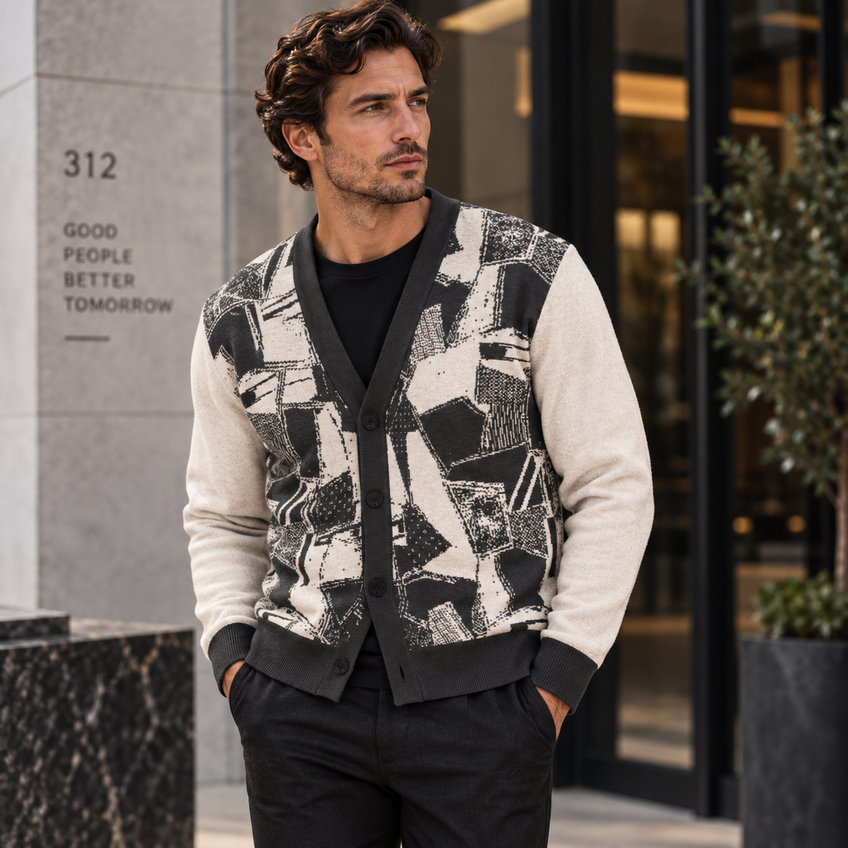 Green Beige Abstract Graphic Coat