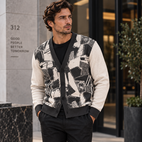 Green Beige Abstract Graphic Coat