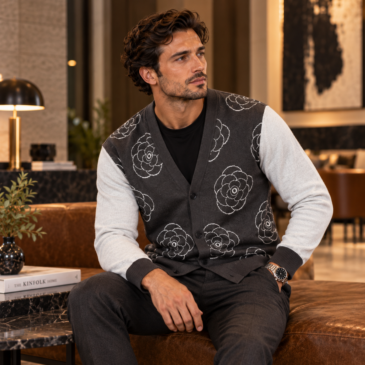 Sky Charcoal Bloom Knitted Coat