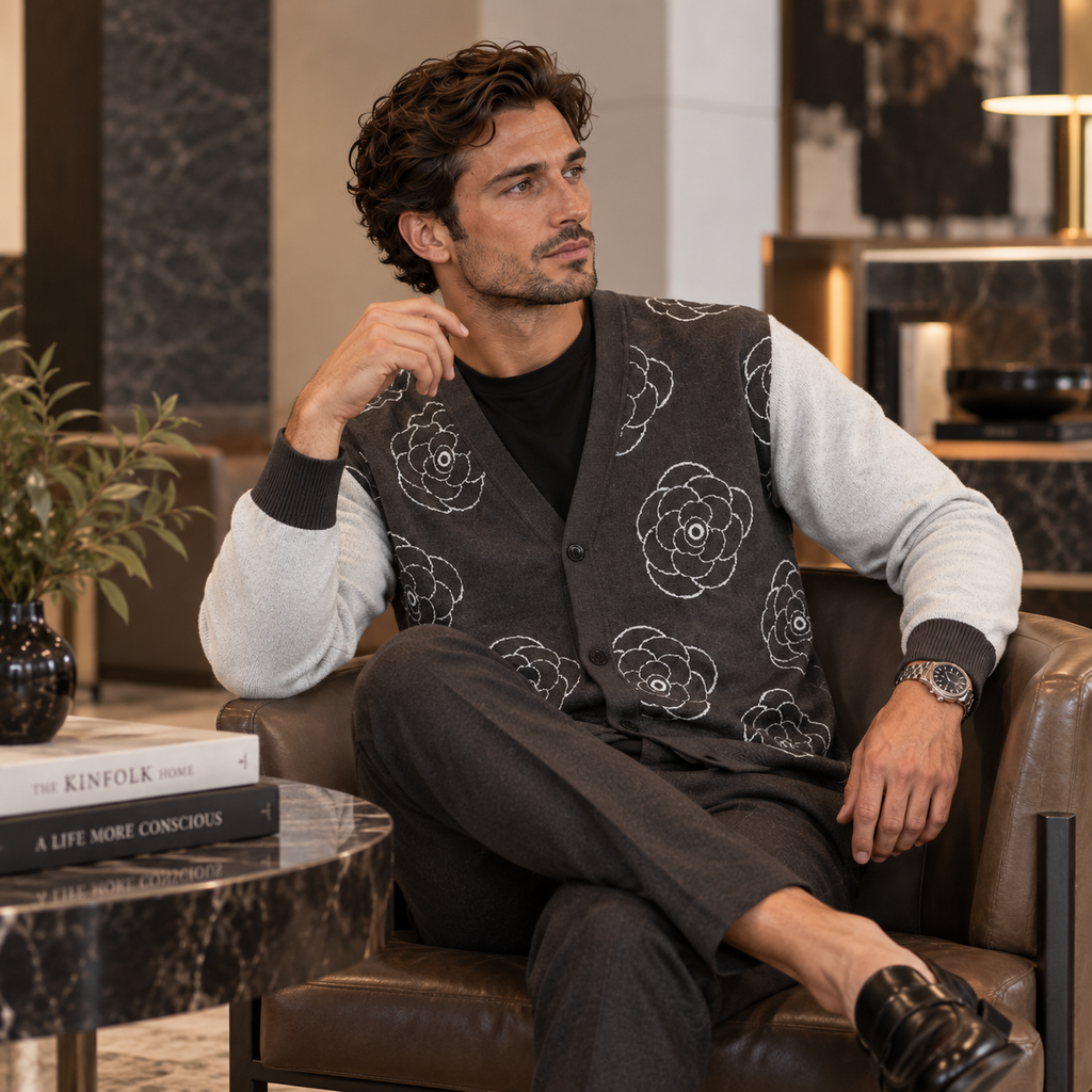Sky Charcoal Bloom Knitted Coat