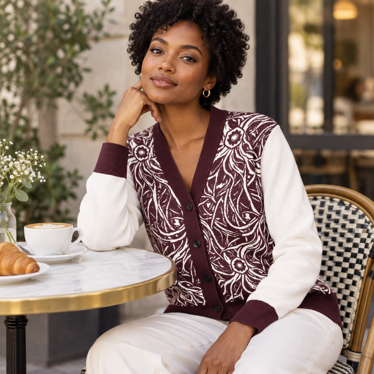 Burgundy Cream Wild Floral Knitted Sweater Coat