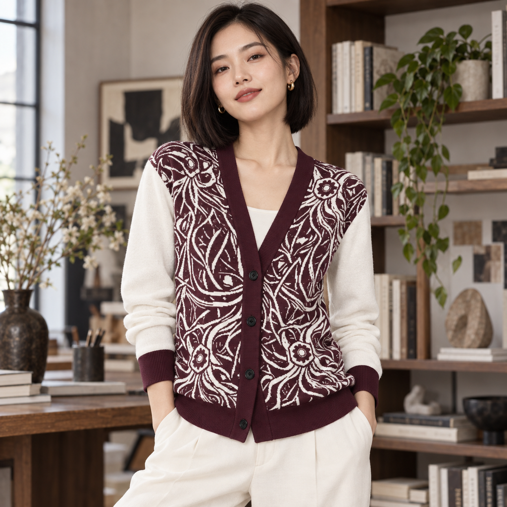 Burgundy Cream Wild Floral Knitted Sweater Coat