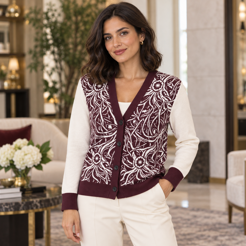 Burgundy Cream Wild Floral Knitted Sweater Coat
