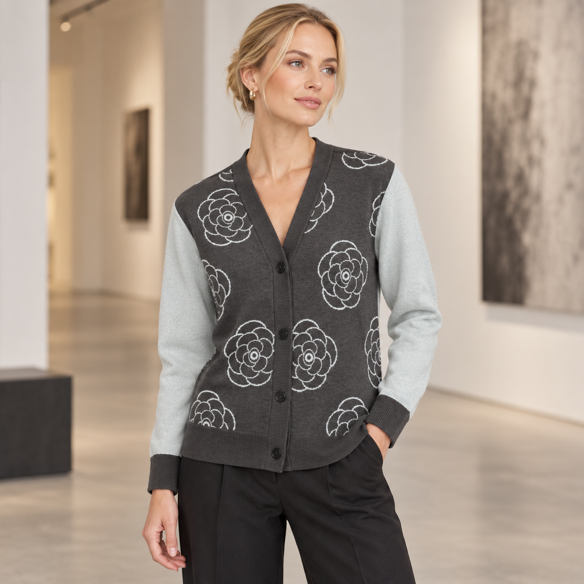 Sky Charcoal Rose Bloom Knitted Sweater Coat