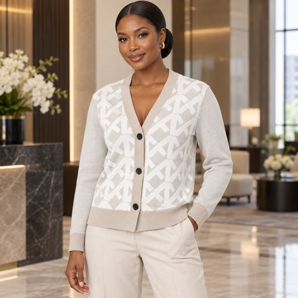 White Cream Geometric Line Knitted Sweater Coat