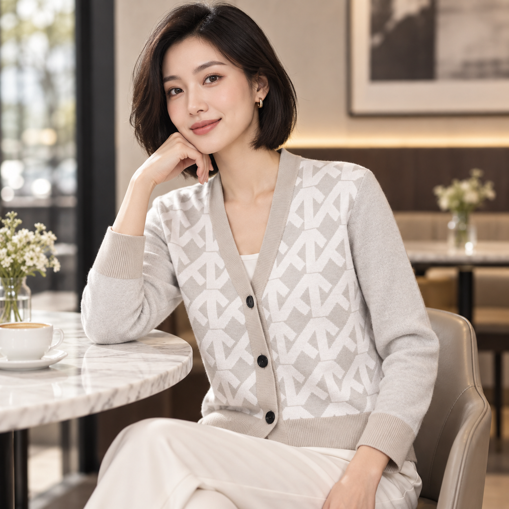 White Cream Geometric Line Knitted Sweater Coat