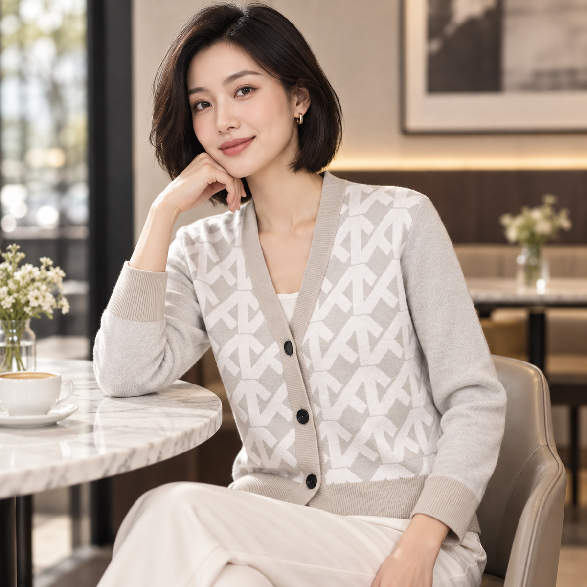 White Cream Geometric Line Knitted Sweater Coat