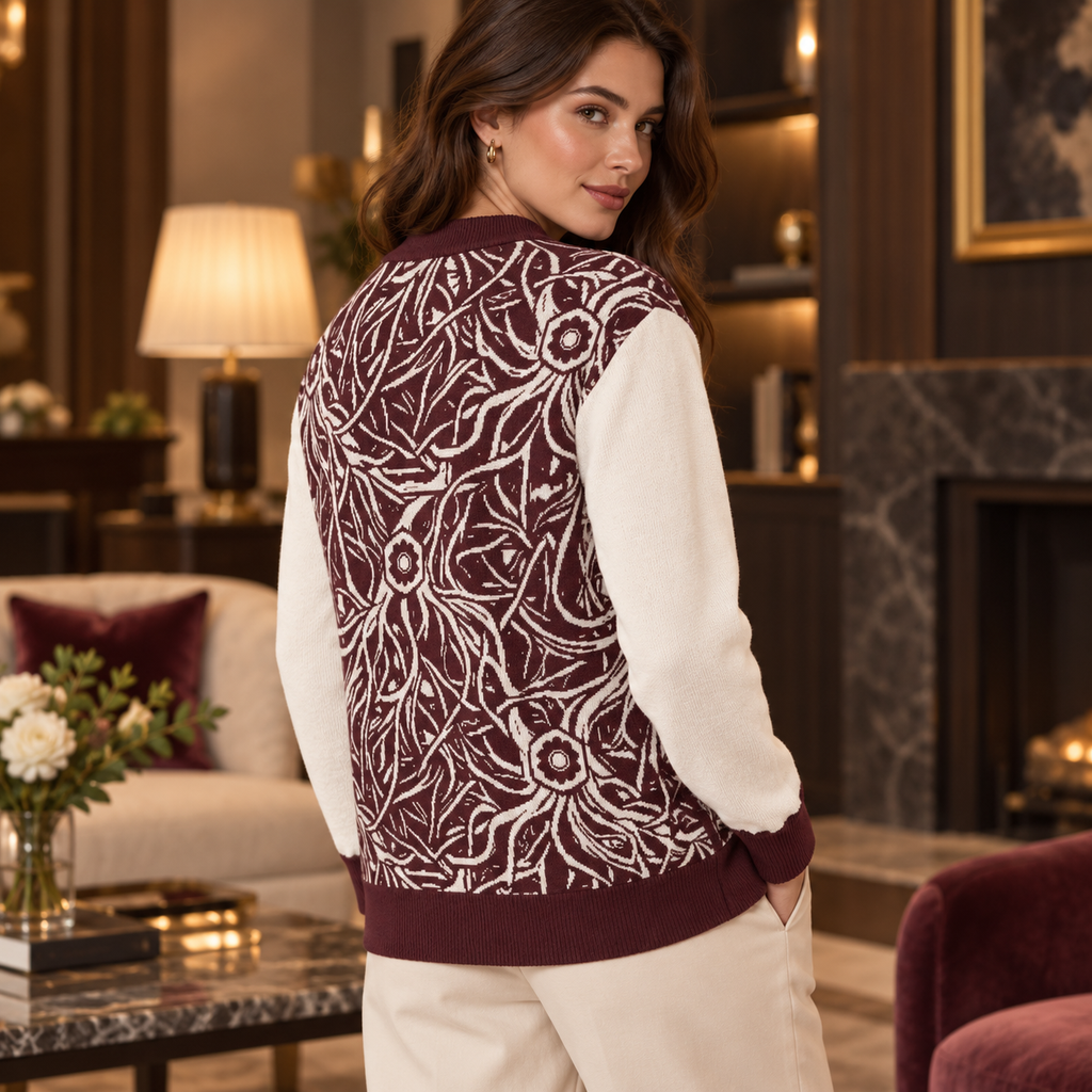 Burgundy Cream Wild Floral Knitted Sweater Coat