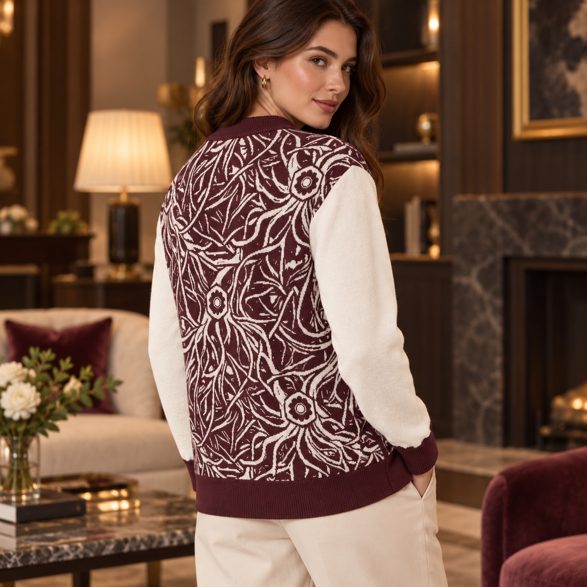 Burgundy Cream Wild Floral Knitted Sweater Coat