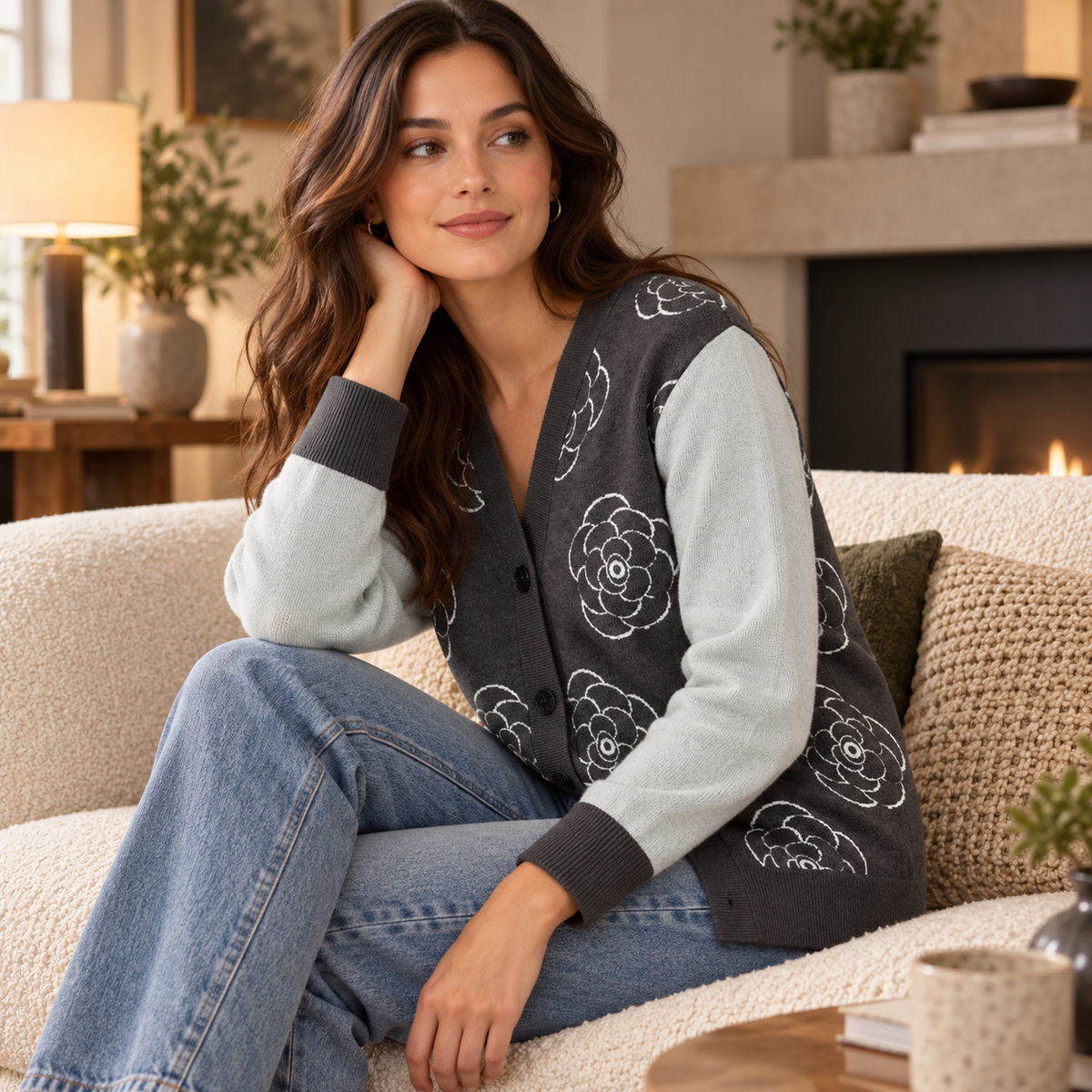 Sky Charcoal Rose Bloom Knitted Sweater Coat