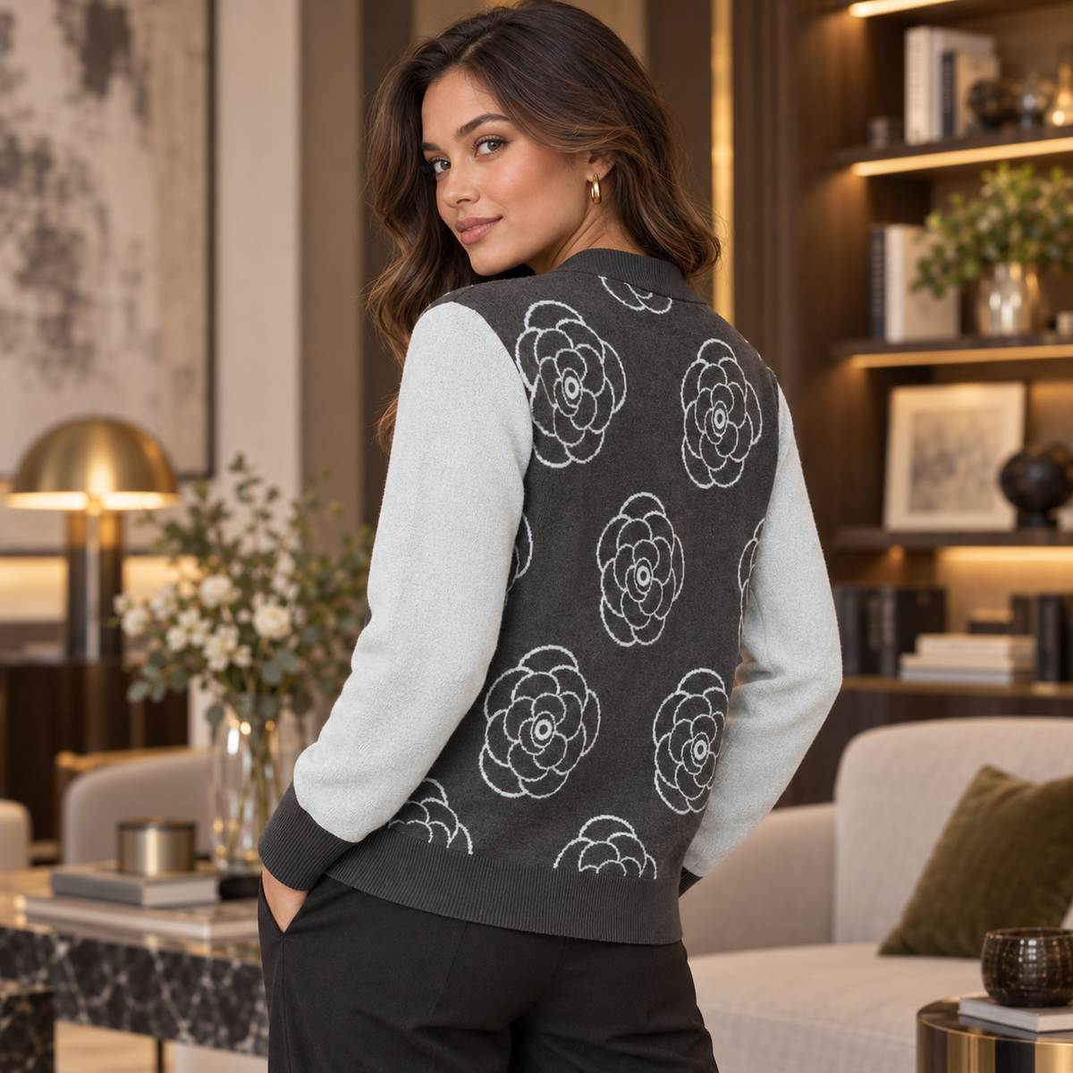 Sky Charcoal Rose Bloom Knitted Sweater Coat
