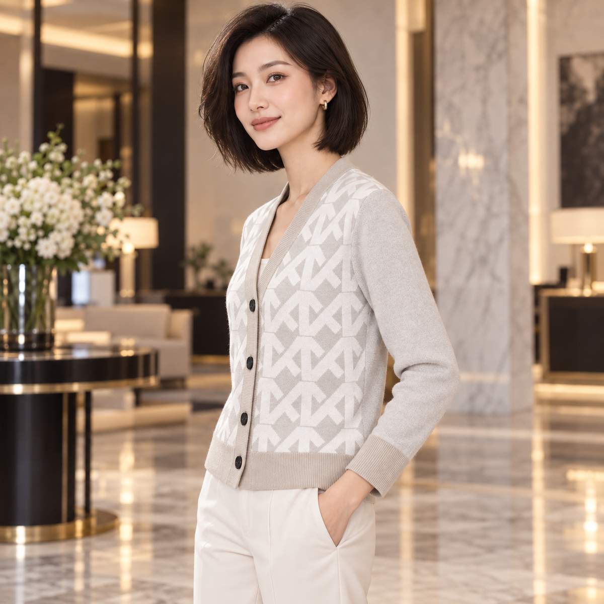 White Cream Geometric Line Knitted Sweater Coat