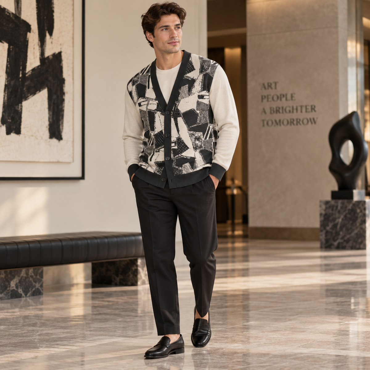 Green Beige Abstract Graphic Knitted Sweater Coat