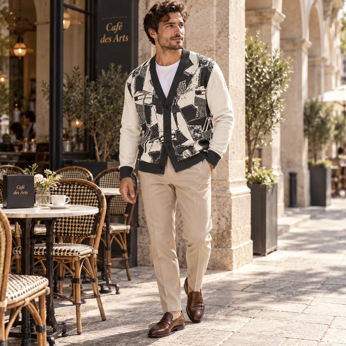 Green Beige Abstract Graphic Knitted Sweater Coat