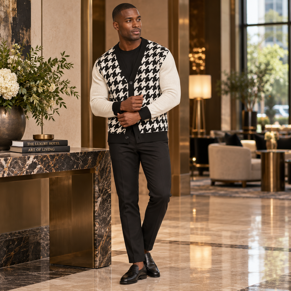 Black Sand Houndstooth Stitch Knitted Sweater Coat