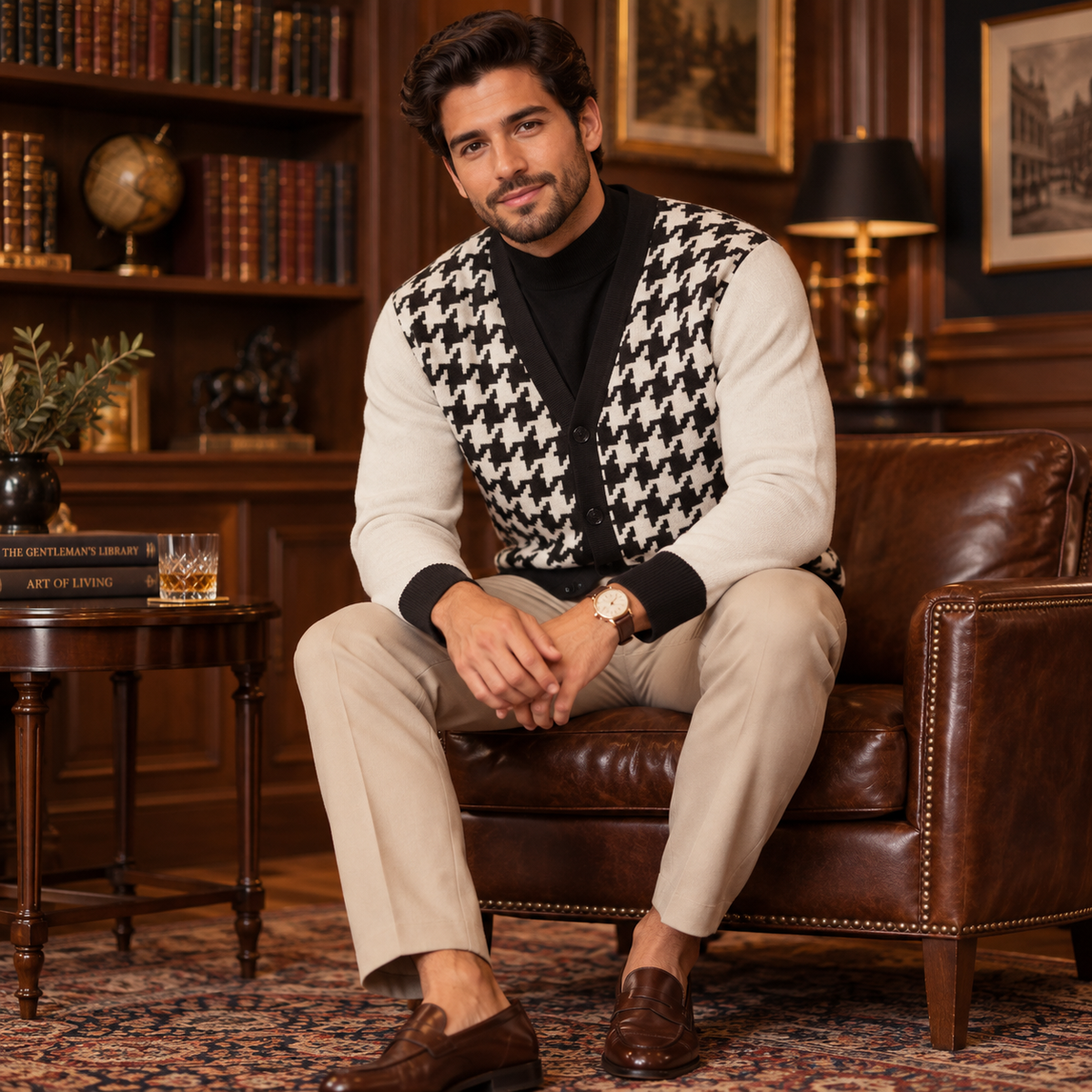Black Sand Houndstooth Stitch Knitted Sweater Coat