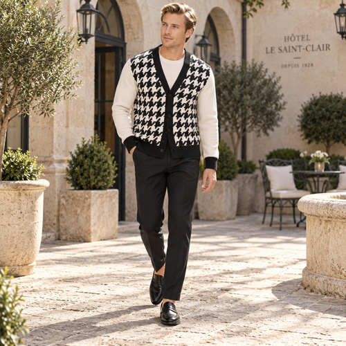 Black Sand Houndstooth Stitch Knitted Sweater Coat