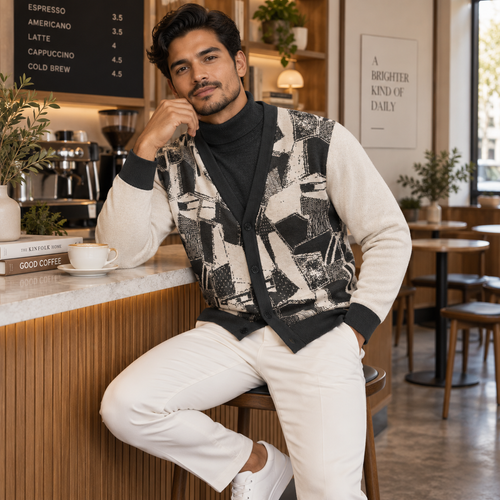 Green Beige Abstract Graphic Knitted Sweater Coat