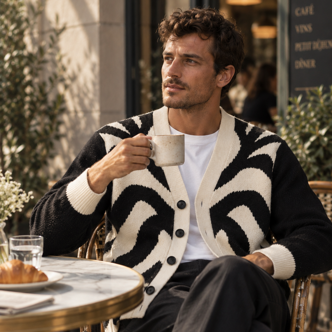 Noir Wave Jacquard Knitted Sweater Coat