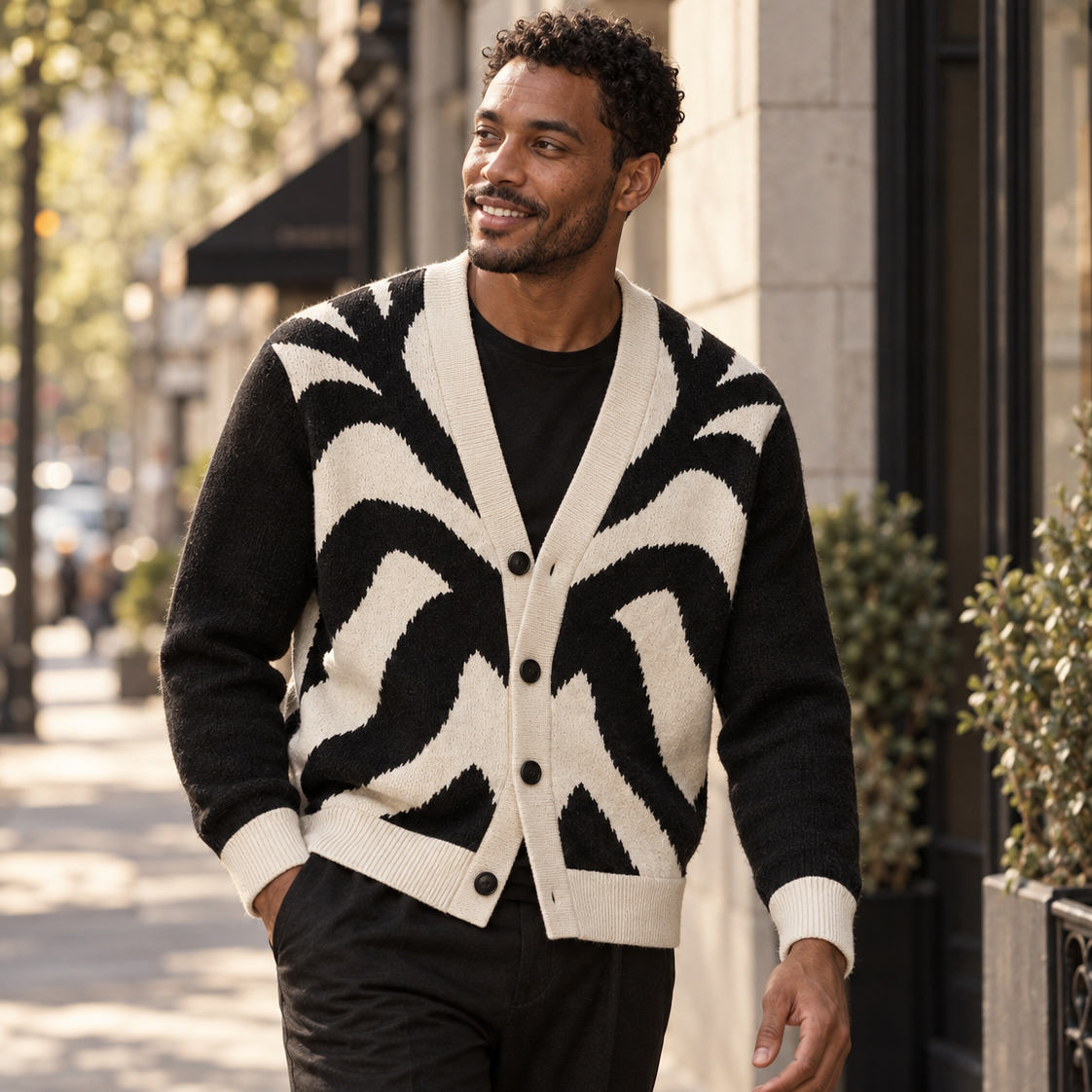 Noir Wave Jacquard Knitted Sweater Coat